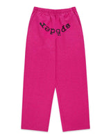 Sp5der Rhinestone OG Logo V2 Wide Leg Sweatpants pink, hot pink wide-leg joggers covered in tonal rhinestones with a black arched sp5der wordmark, front view