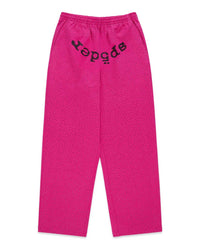 Sp5der Rhinestone OG Logo V2 Wide Leg Sweatpants pink, hot pink wide-leg joggers covered in tonal rhinestones with a black arched sp5der wordmark, front view