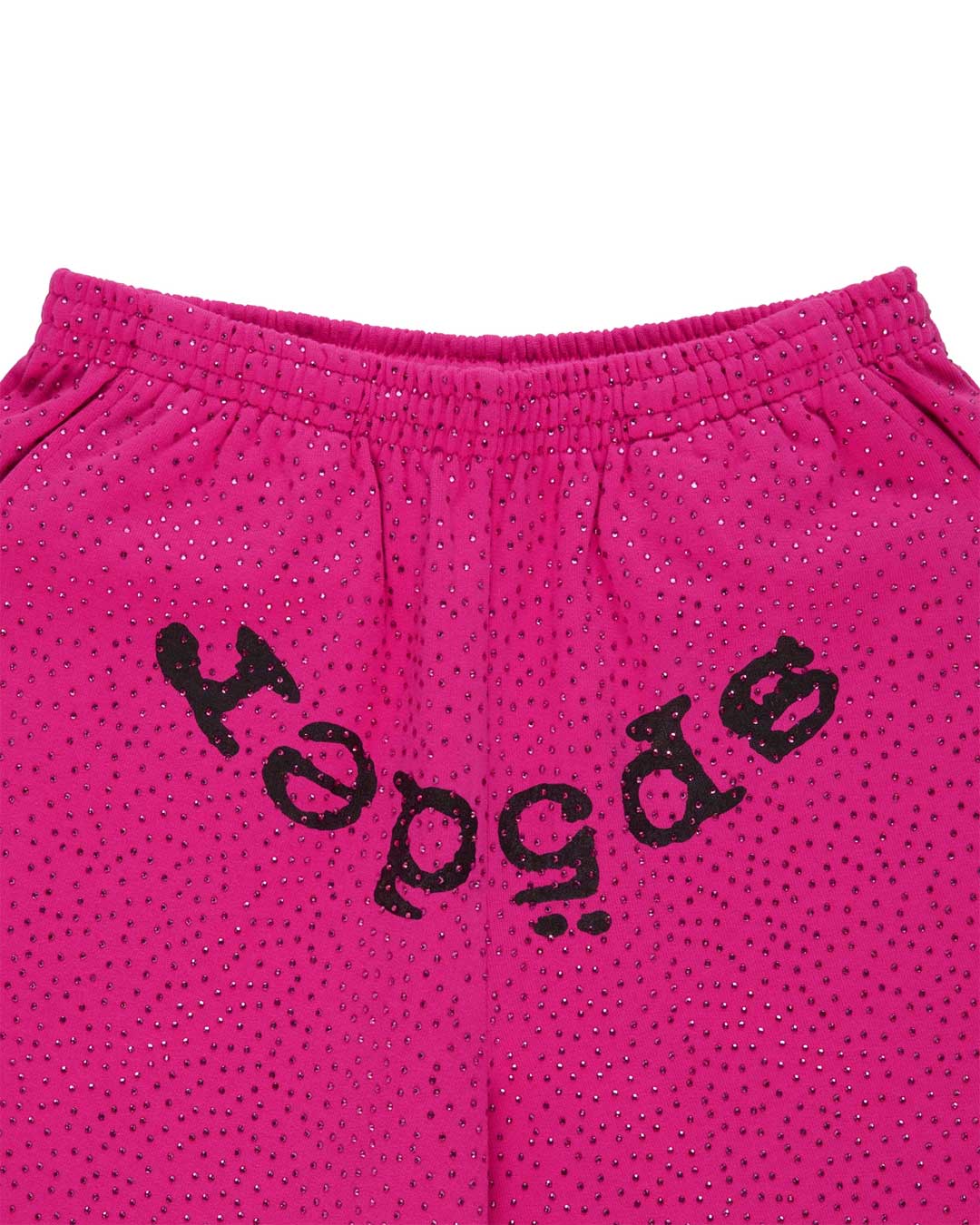 Sp5der Rhinestone OG Logo V2 Wide Leg Sweatpants pink, close-up of the elastic waistband and black rhinestone-set sp5der wordmark