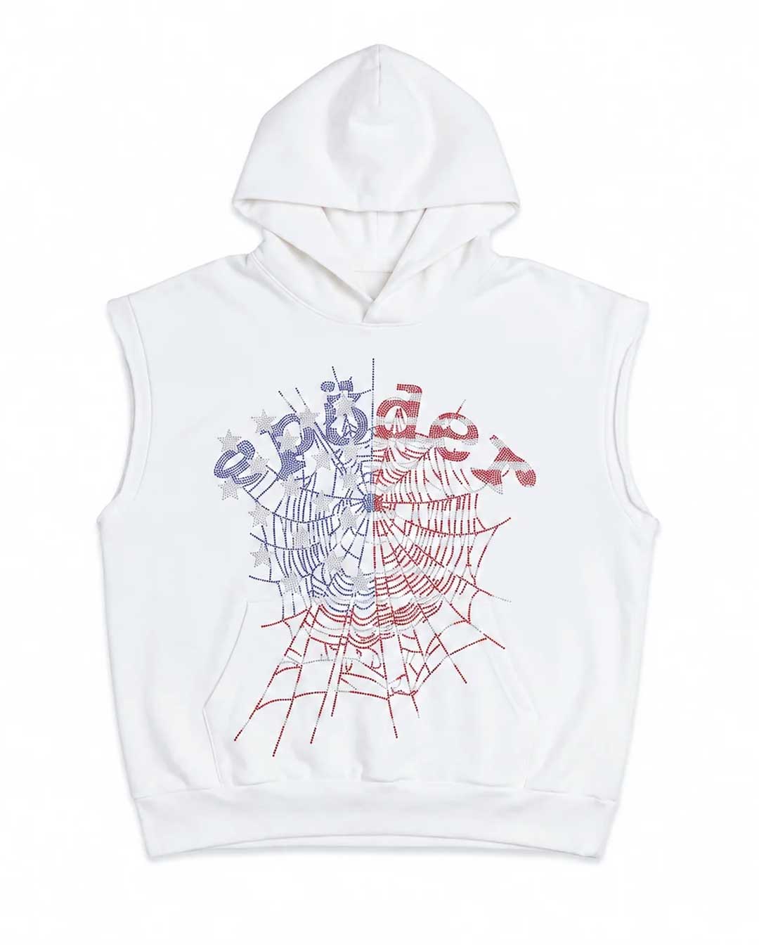 Sp5der Rhinestone OG Web Sleeveless Hoodie White