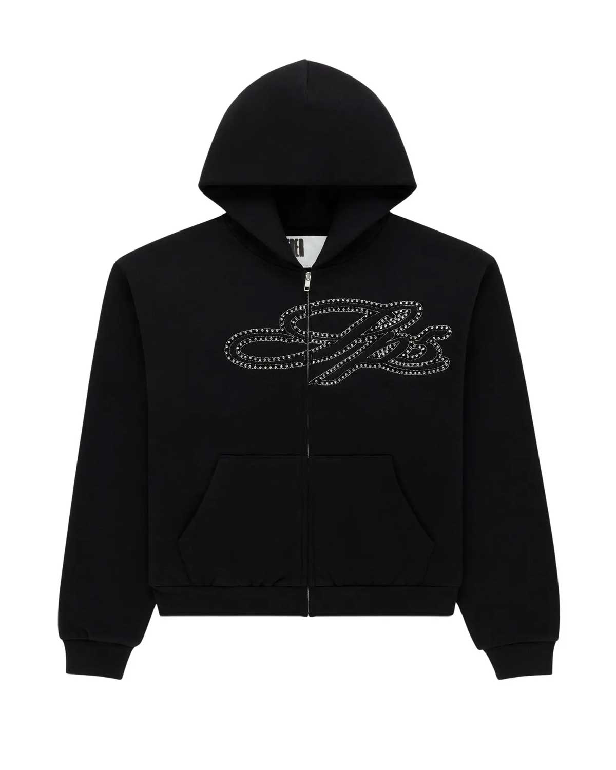 Sp5der Rhinestone Script Zip Up Hoodie Black – Restock AR