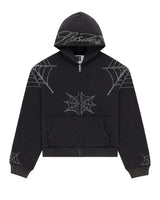Sp5der Rhinestone Web Zip Up Hoodie Black