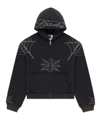 Sp5der Rhinestone Web Zip Up Hoodie Black