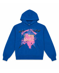 Sp5der Rodeo Star Girl Hoodie blue, royal blue fleece hoodie with pink Texas-map graphic and black lettering, front view