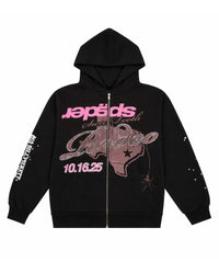 Sp5der Rodeo Texas Zip Up Hoodie black, zip-up with pink Sp5der lettering and rhinestone Texas-map graphic, front view