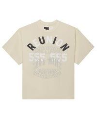 Sp5der SP5 5Luminum Tee foam cream, boxy tee with black REUNION and tonal 555 graphic, front view