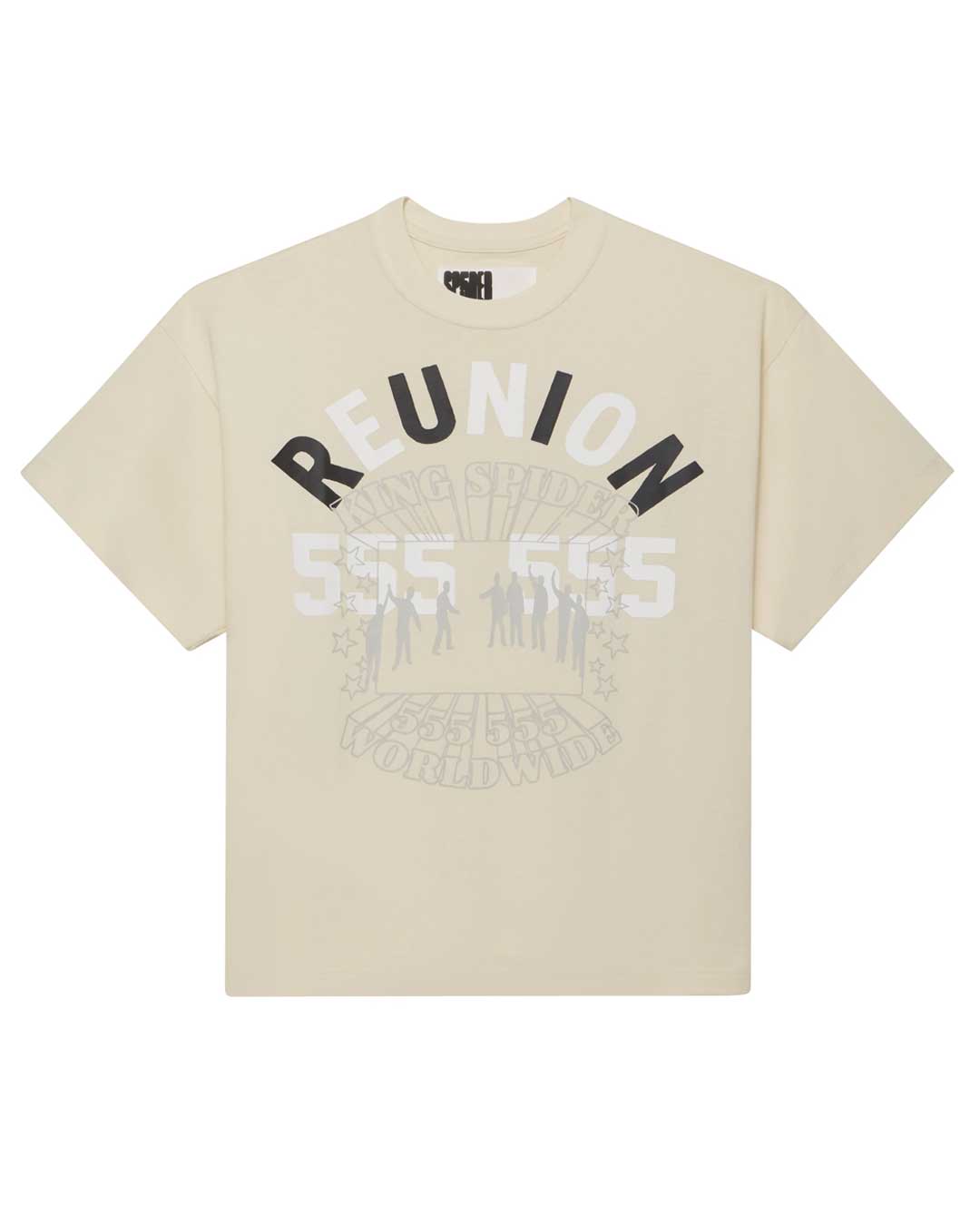 Sp5der SP5 5Luminum Tee foam cream, boxy tee with black REUNION and tonal 555 graphic, front view