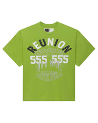 Sp5der SP5 5Luminum Tee light green, boxy tee with black REUNION and white 555 graphic, front view