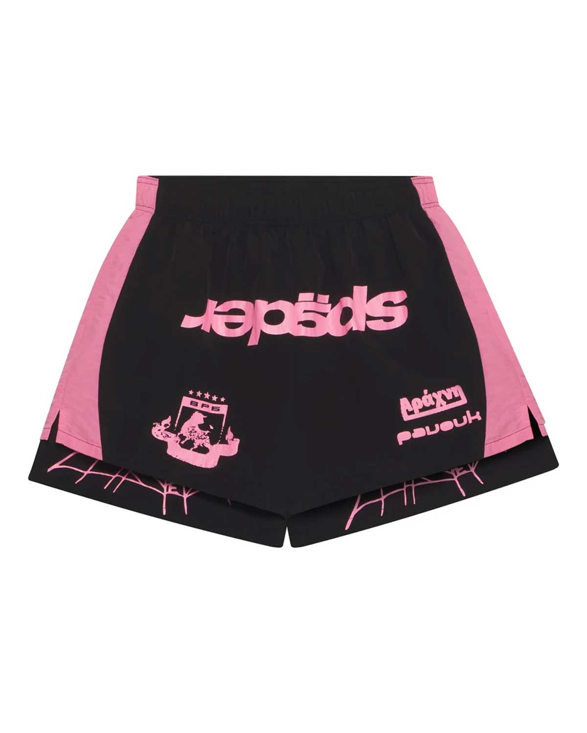 Sp5der Soccer Double Layer Shorts black, black shorts with pink side panels, mirrored pink sp5der wordmark and five-star crest, front view