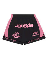 Sp5der Soccer Double Layer Shorts black, black shorts with pink side panels, mirrored pink sp5der wordmark and five-star crest, front view