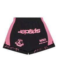 Sp5der Soccer Double Layer Shorts black, black shorts with pink side panels, mirrored pink sp5der wordmark and five-star crest, front view