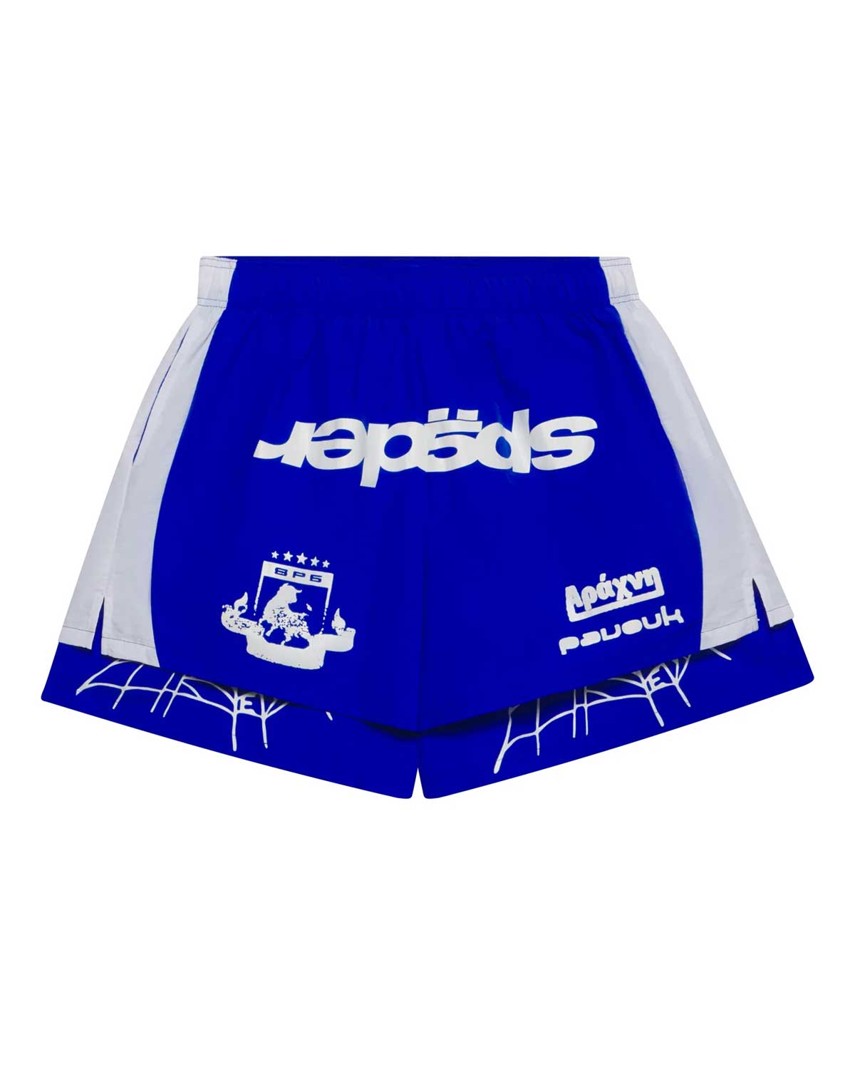 Sp5der Soccer Double Layer Shorts blue, royal blue shorts with white side panels, mirrored sp5der wordmark and five-star crest, front view