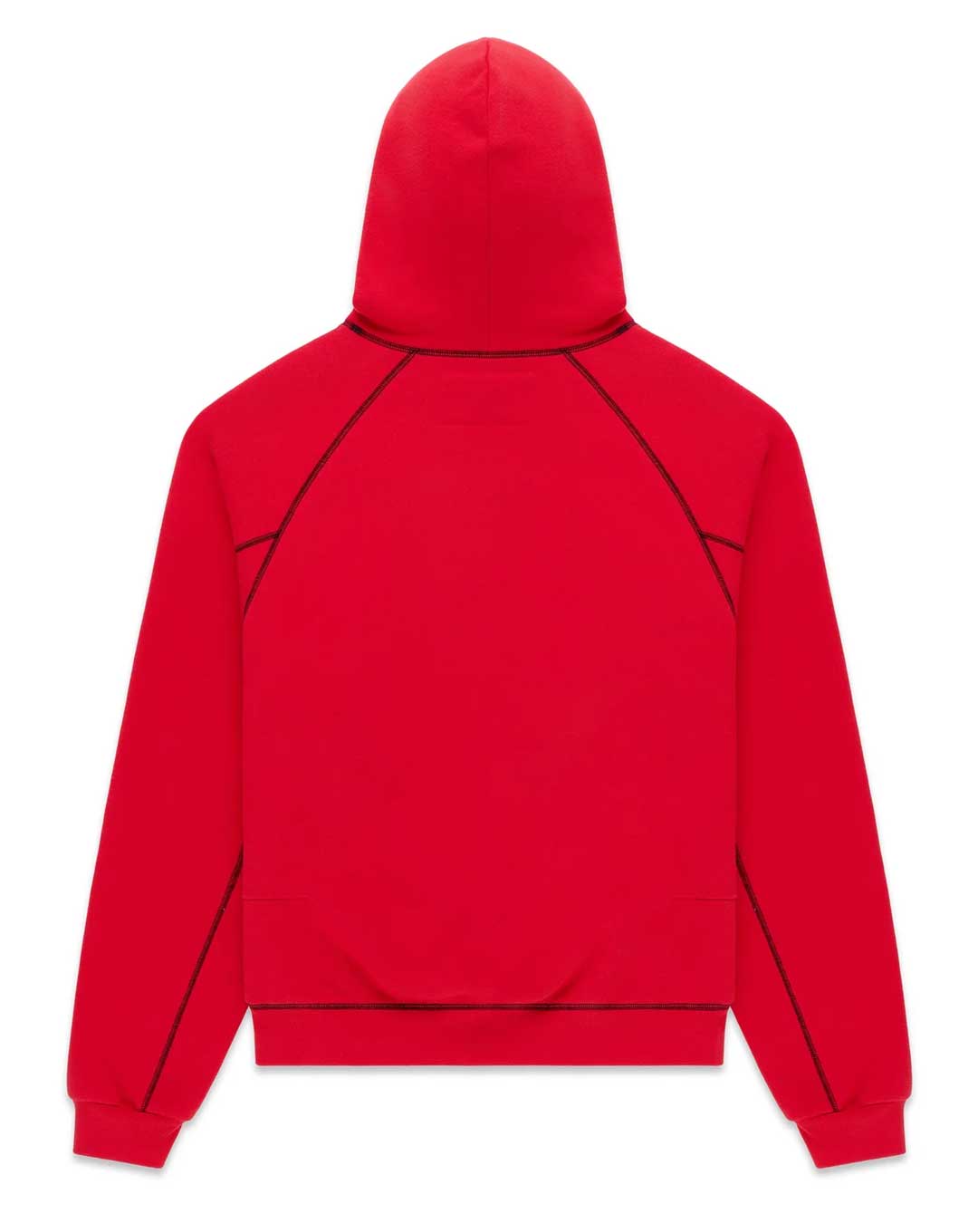 Sp5der Solar Collision Hoodie red, back view in plain red with black piping on the seams