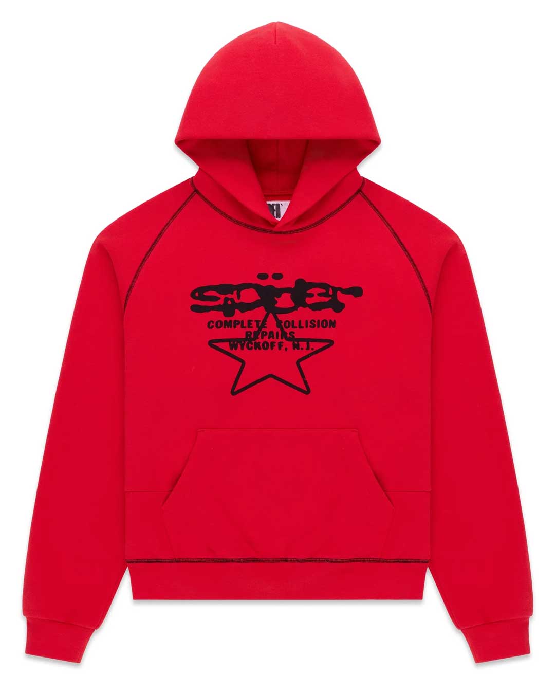 Sp5der Solar Collision Hoodie red, fleece hoodie with black Sp5der star graphic and contrast piping, front view