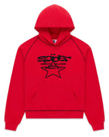 Sp5der Solar Collision Hoodie red, fleece hoodie with black Sp5der star graphic and contrast piping, front view
