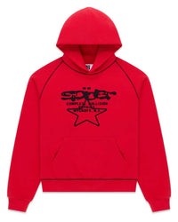 Sp5der Solar Collision Hoodie red, fleece hoodie with black Sp5der star graphic and contrast piping, front view