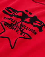 Sp5der Solar Collision Hoodie red, close-up of the black star print and lettering