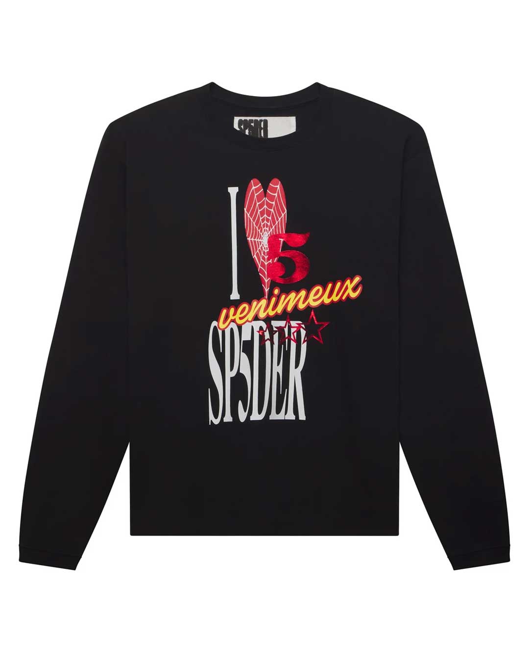 Sp5der Souvenir V2 L/S Tee onyx, black long sleeve with red and yellow foil I-heart-5 Venimeux SP5DER graphic, front view