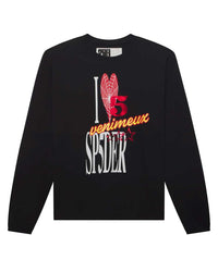Sp5der Souvenir V2 L/S Tee onyx, black long sleeve with red and yellow foil I-heart-5 Venimeux SP5DER graphic, front view