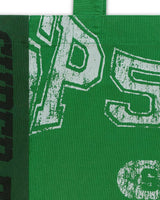 Sp5der Sp5 Jersey Tote Bag kelly green, close-up of the distressed lettering at the bag edge