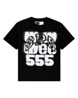 Sp5der Sp555 Spray Tee black, cotton tee with SP5DER WEB 555 stacked in white spray-paint lettering, front view
