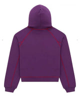 Sp5der Splat Collision Hoodie purple, plain back view with red raglan piping