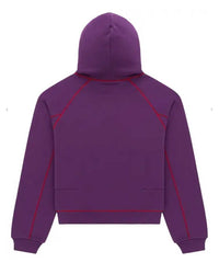 Sp5der Splat Collision Hoodie purple, plain back view with red raglan piping