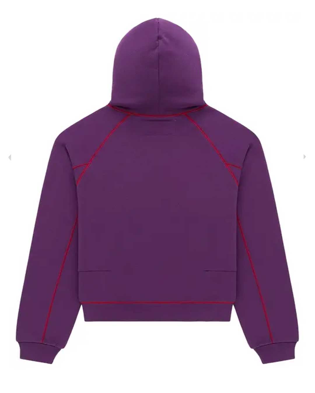 Sp5der Splat Collision Hoodie purple, plain back view with red raglan piping