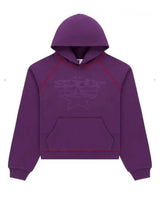 Sp5der Splat Collision Hoodie purple, fleece hoodie with tonal Splat Collision graphic and red piping, front view