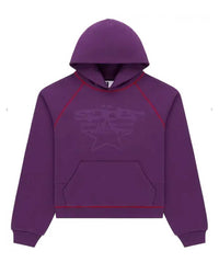 Sp5der Splat Collision Hoodie purple, fleece hoodie with tonal Splat Collision graphic and red piping, front view