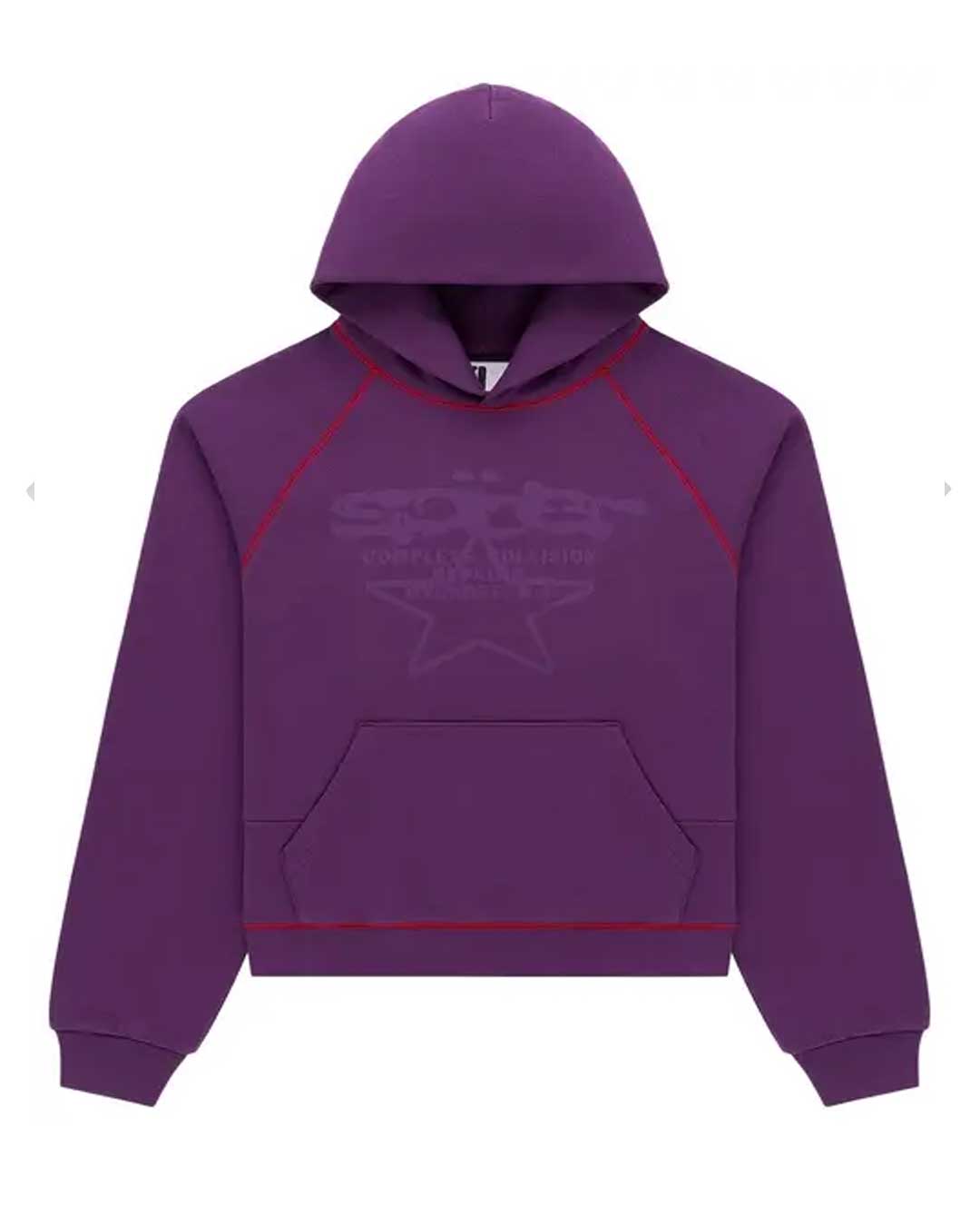 Sp5der Splat Collision Hoodie purple, fleece hoodie with tonal Splat Collision graphic and red piping, front view