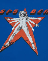 Sp5der Star Girl Tee blue, close-up of the red star, halftone figure and SP5DER wordmark