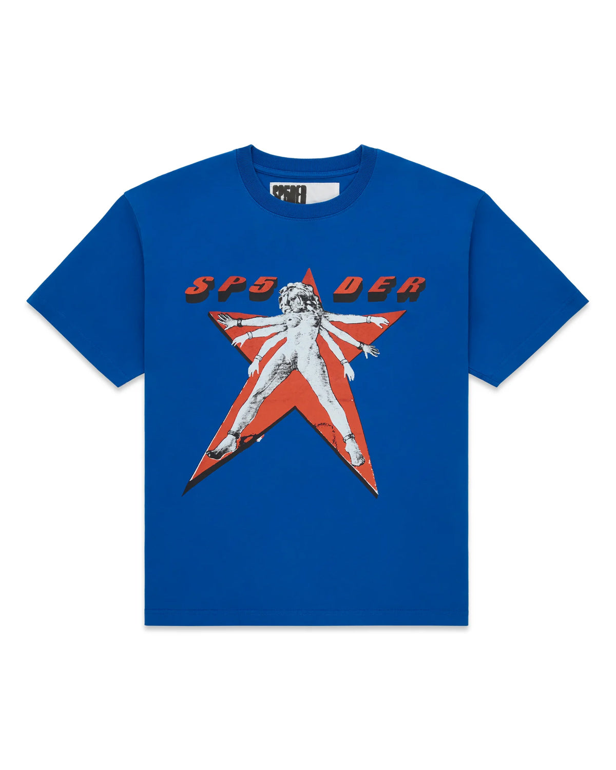 Sp5der Star Girl Tee blue, royal blue cotton tee with a red star and halftone figure under an italic SP5DER wordmark, front view
