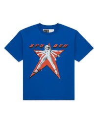 Sp5der Star Girl Tee blue, royal blue cotton tee with a red star and halftone figure under an italic SP5DER wordmark, front view