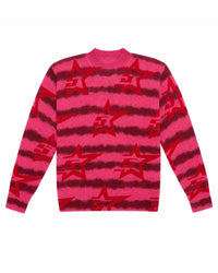 Sp5der Stars Crewneck Sweater pink, fuzzy pink and burgundy striped knit with red star motifs, front view