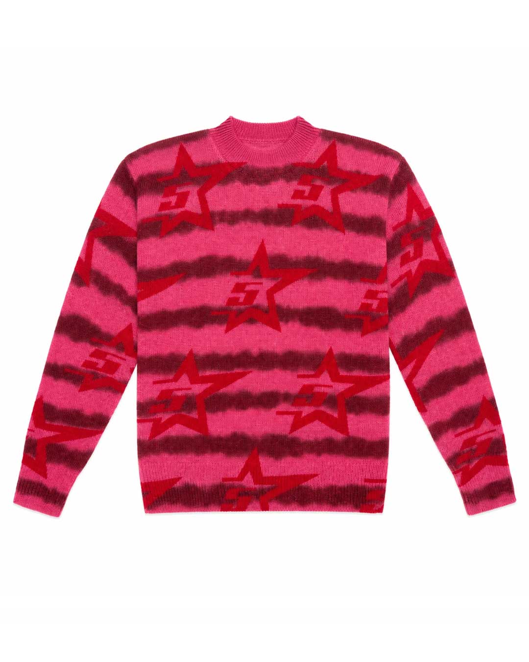 Sp5der Stars Crewneck Sweater pink, fuzzy pink and burgundy striped knit with red star motifs, front view