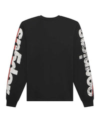 Sp5der Tire Tech L/S Tee black, back view with distressed Sp5der wordmark down each sleeve
