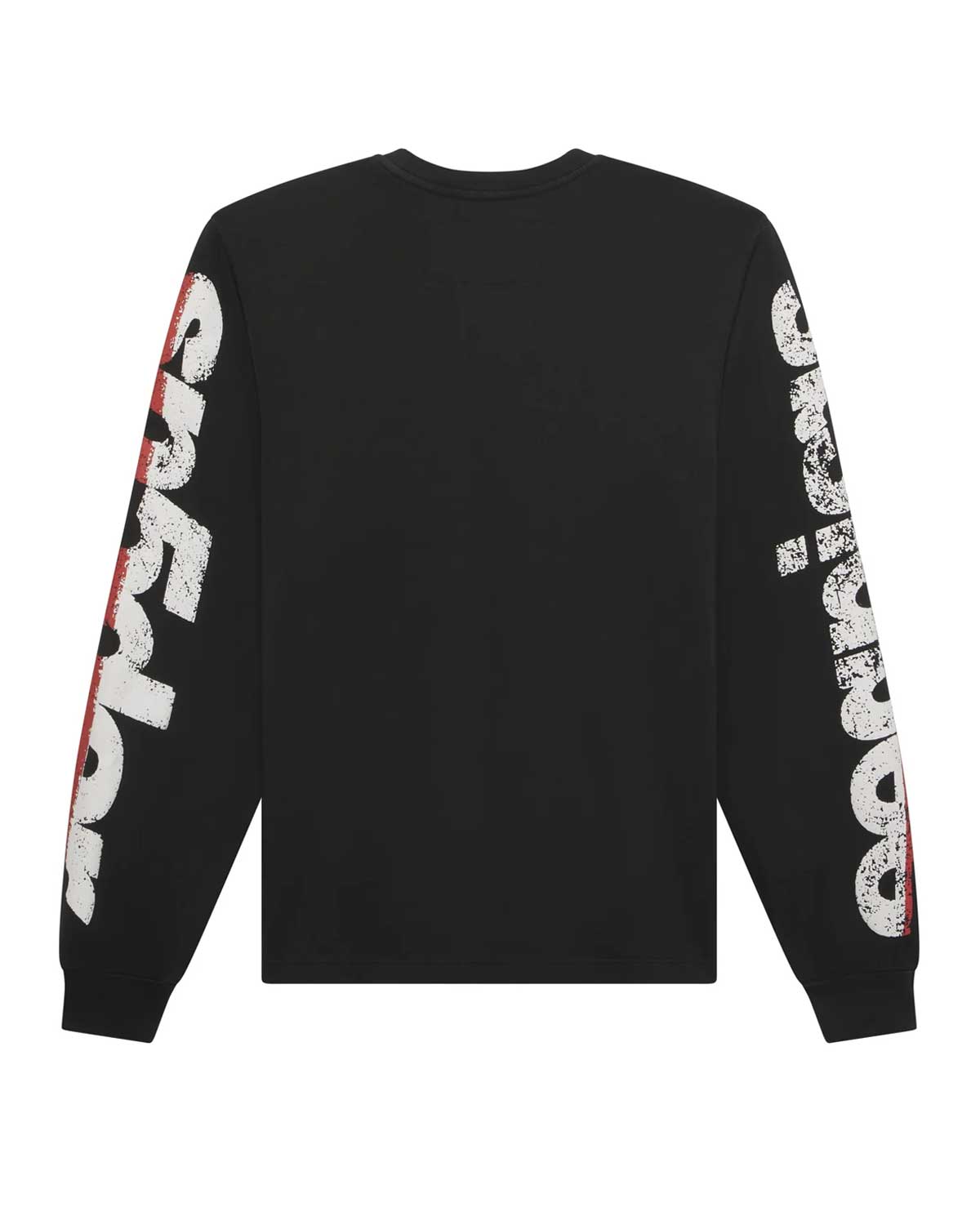 Sp5der Tire Tech L/S Tee black, back view with distressed Sp5der wordmark down each sleeve