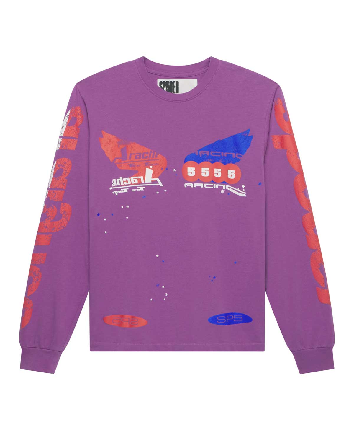 Sp5der Tire Tech L/S Tee fuchsia pink, long-sleeve tee with red and blue racing graphic, front view