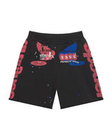 Sp5der Tire Tech Sweatshorts black, fleece shorts with red and blue racing graphic, front view