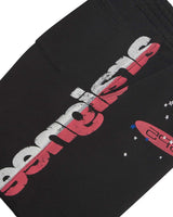 Sp5der Tire Tech Sweatshorts black, close-up of the side-leg wordmark and hip graphic