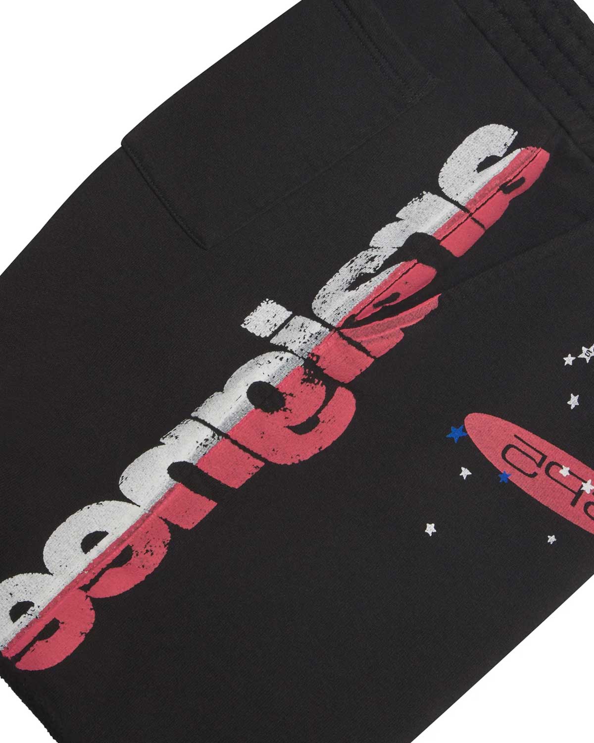Sp5der Tire Tech Sweatshorts black, close-up of the side-leg wordmark and hip graphic