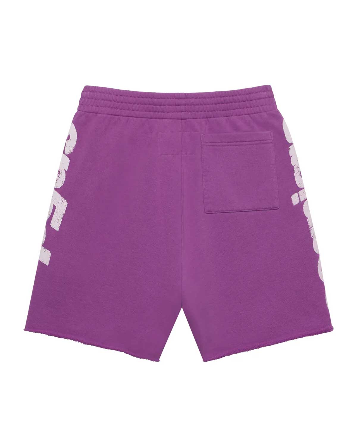 Sp5der Tire Tech Sweatshorts fuchsia pink, back view with patch pocket and Sp5der wordmark down each leg