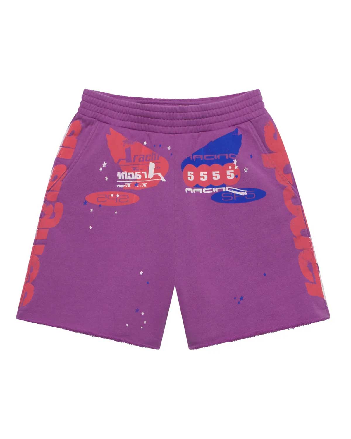 Sp5der Tire Tech Sweatshorts fuchsia pink, fleece shorts with red and blue racing graphic, front view