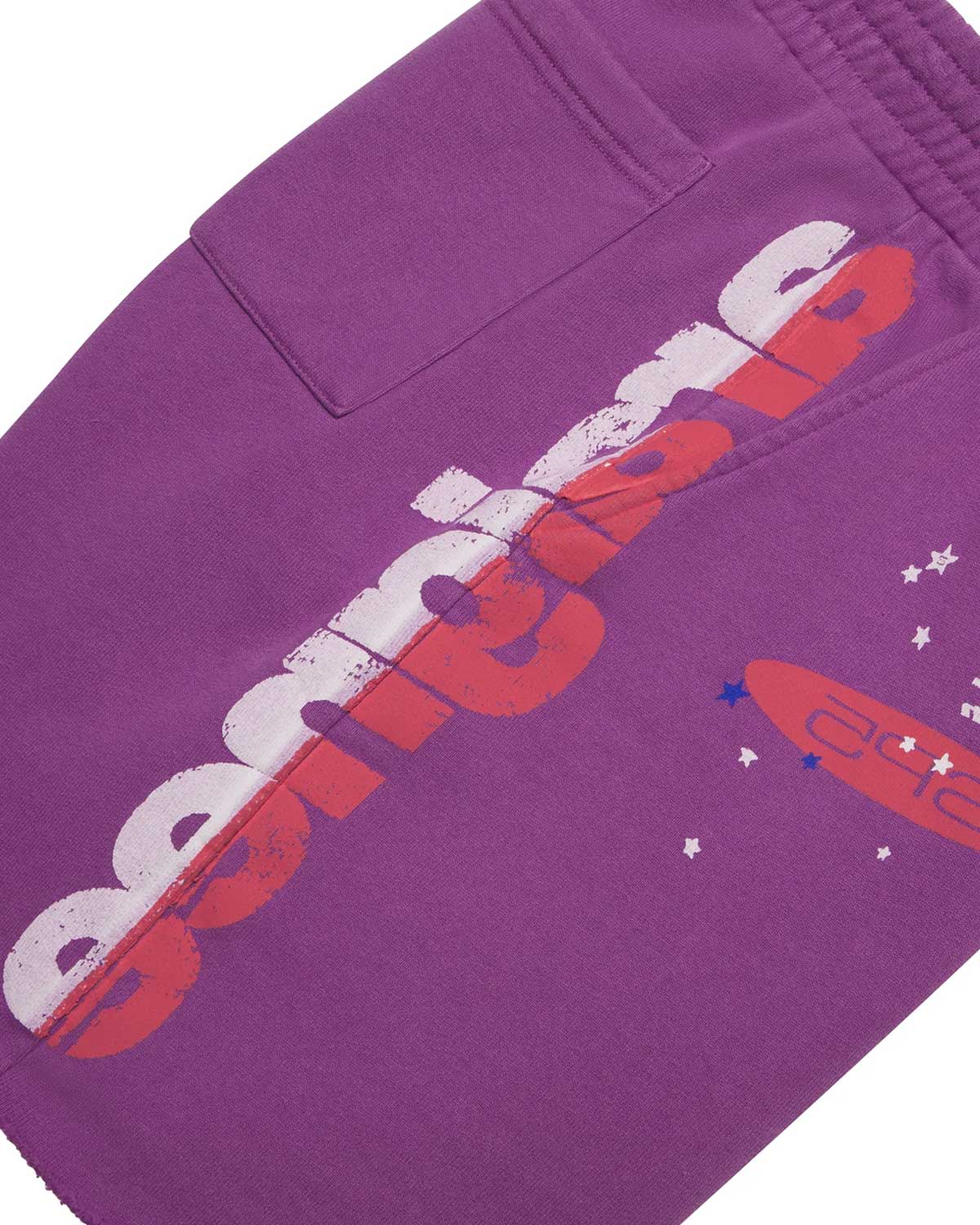 Sp5der Tire Tech Sweatshorts fuchsia pink, close-up of the side-leg wordmark and back patch pocket