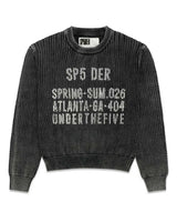 Sp5der Underthefive Sweater black, washed waffle-knit crewneck with knitted SP5 DER and Underthefive text, front view