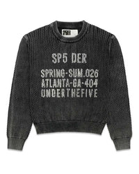 Sp5der Underthefive Sweater black, washed waffle-knit crewneck with knitted SP5 DER and Underthefive text, front view
