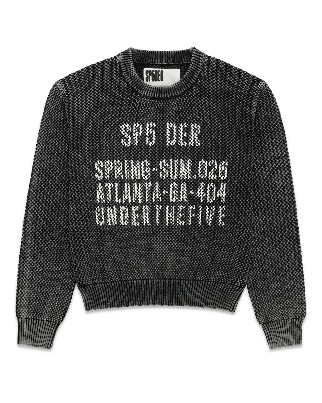 Sp5der Underthefive Sweater black, washed waffle-knit crewneck with knitted SP5 DER and Underthefive text, front view