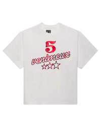 Sp5der Venimeux Tee glacier white, boxy tee with metallic red 5 Venimeux graphic and three stars, front view