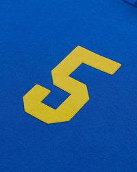Sp5der Wait 5 Hoodie blue, close-up of the yellow 5 on the chest